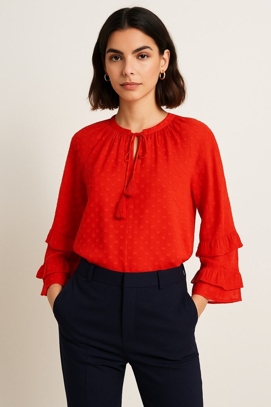 Tory Burch Swiss Dot Textured Red Orange Bell Sleeves Blouse 4 Top Boho Ruffle